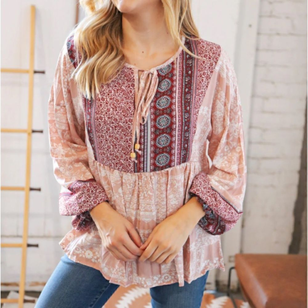 Boho Ethnic Patter Long Sleeve Baby Doll Smock Top Tunic Blouse Medium Sugarfox